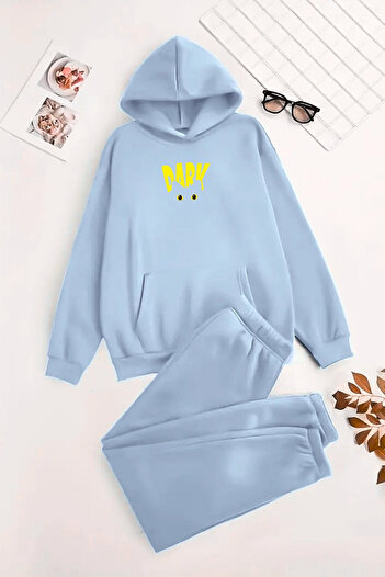 Sweetline Unisex Hooded BabyBlue Σετ αθλητικής φόρμας DARK CAT Printed - Χειμερινό ύφασμα με ανοιχτόχρωμο