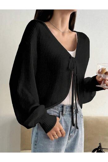 BALİNA Black Balloon Sleeve Lace-Up Y2K Cardigan -Bln