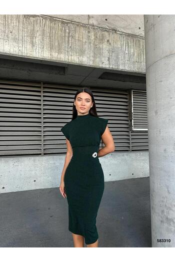 Modafeminen Flowers Half Turtleneck Καρφίτσα Λεπτομερές Midi βραδινό φόρεμα 583310 Emerald