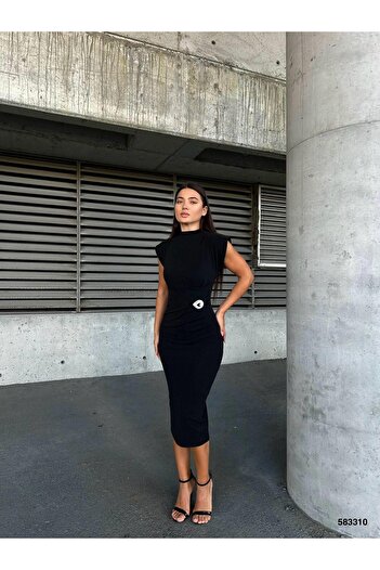 Modafeminen Flowers Half Turtleneck Brooch Λεπτομερές Midi βραδινό φόρεμα 583310 Μαύρο