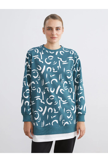 LC Waikiki Lcw Modest Petrol Crew Neck Patterned Women's Sweatshirt Tunic