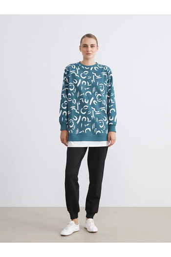 LC Waikiki Lcw Modest Petrol Crew Neck Patterned Women's Sweatshirt Tunic