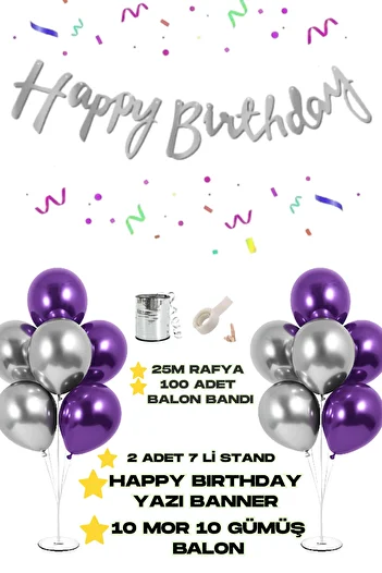 Baloncu Nene Happy Birthday Banner 2 Pieces of 7 Balloon Stand 10 Pieces of Silver 10 Pieces of Purple Balloon Birthday Ornament