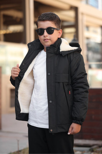 Boymen Black Fur Inside Thick Waterproof Exit Hooded Children's Coat Premium Coat