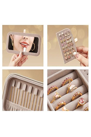 gaman Portable Jewelry Storage Box Leather Ring, Earring and Necklace Organizer with Mirror