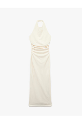 Koton Wrapped Fabric Drape Detailed Back Low-Cut Midi Length Halter Neck Dress