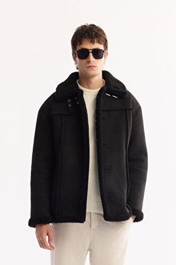 Avva Men's Black Fur Collar Napa Comfort Fit Coat A52Y6055