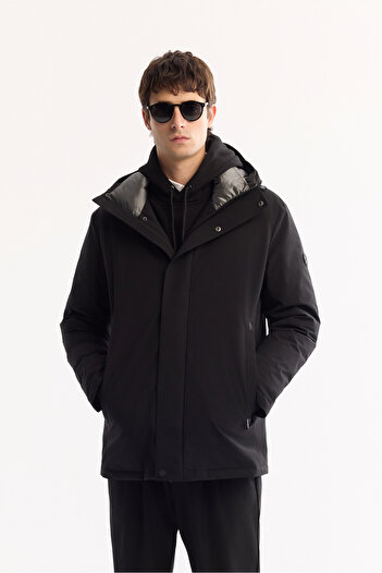 Avva Men's Black Hooded Duck down Blend Regular Fit Coat A52Y6099
