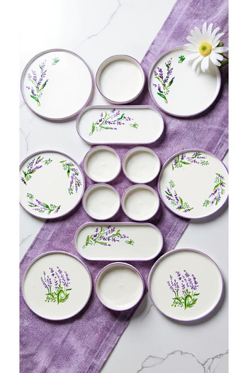 Justyol Lavender Patterned 14 Piece Ceramic Breakfast Set – Stackable Presentation Plate Set for 6 People