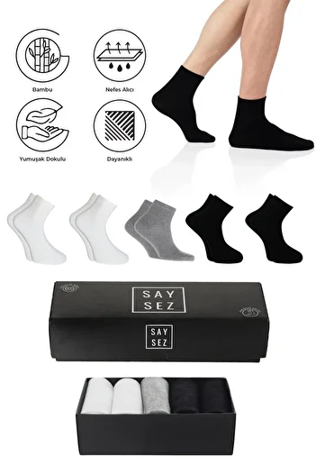 SAYSEZ Bamboo Men's Half Socks Plain Black-White-Grey Colored Socks Seamless Premium Boxed 5-Piece