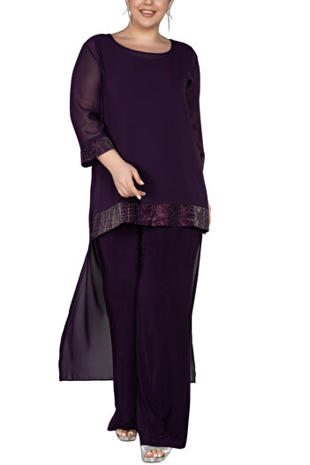 Arden Plus Size Evening Dress Jumpsuit, Black, Purple, Saks, Navy Blue Chiffon, Wide Leg, No Decollete, Wedding, Invitation, 44-54