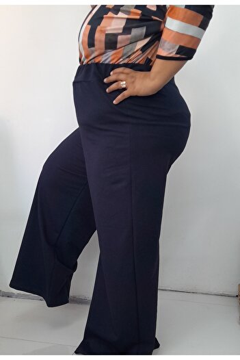 Mertcan Butik Navy Blue Summer Light Loose Wide Leg Combed Viscose Trousers with Elastic Waist Bodice