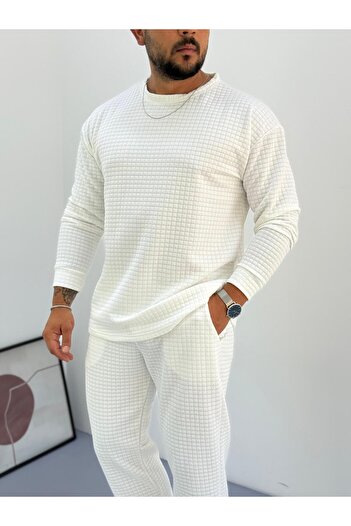 Baycombine35 Men's Crew Neck Quilted Patterned Waffle Fabric Sweatshirt