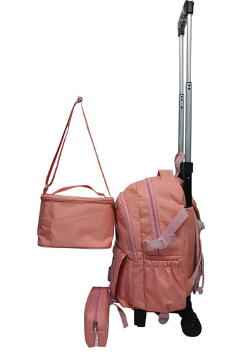 ROWAN ÇANTA 2 KADEMELİ ÇEKCEKLİ TEKERLEKLİ KAREKTER DESENLİ PORTATİF 3'LÜ SET PEMBE İLKOKUL SIRT ÇANTASI