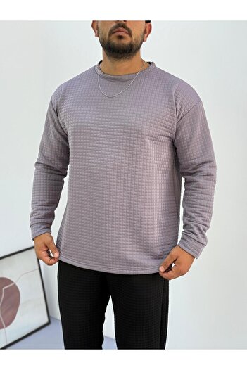 Baycombine35 Men's Crew Neck Quilted Patterned Waffle Fabric Sweatshirt