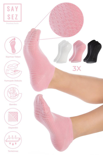 SAYSEZ Bamboo Women's Anti-Slip Sole Black-White-Pink Silicone Pilates Yoga Fitness Activity Booties 3-Piece