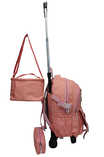 ROWAN ÇANTA 2 KADEMELİ ÇEKCEKLİ TEKERLEKLİ KAREKTER DESENLİ PORTATİF 3'LÜ SET PEMBE İLKOKUL SIRT ÇANTASI