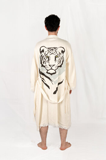 Befera Design Muslin Kimono 100% Cotton Tiger Printed Patterned Bathrobe Kaftan Dressing Gown
