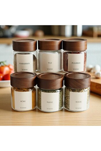 MİEN 6-Piece Acacia Lid Round Glass Spice Jar 240 ml Spice Jar (Complete with 12 Pcs Tags)