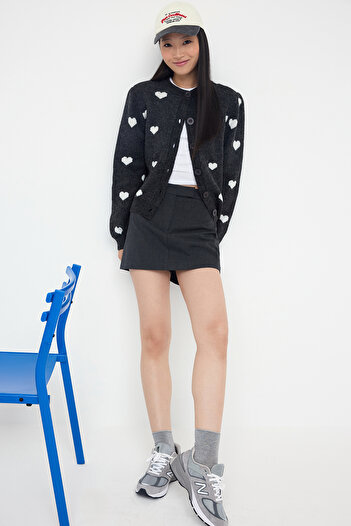 Trendyol Collection Teen Anthracite Heart Pattern Soft Textured Knitwear Cardigan Twoaw26Hi00033