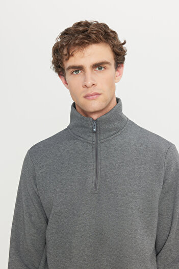 AC&Co / Altınyıldız Classics Erkek Antrasit-melanj Standart Fit Içi Polarlı Fermuarlı Dik Bato Yaka Pamuklu Sweatshirt