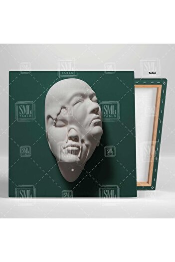SML TABLO Cap de sculptură din ipsos verde, care se extrage din peretele din pânză, două fețe, pictură pătrată