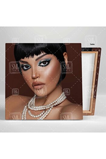SML TABLO Vintage Make Up Coiffeur Square Canvas Painting cu machiaj în tonuri de albastru Colier de perle