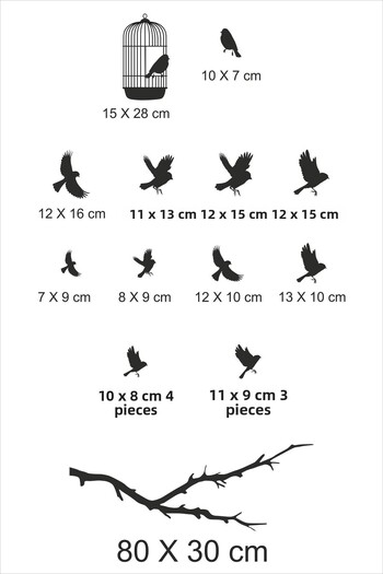 TRC TRAFİK Cage Escaped Birds Decorative Wall Sticker Green (13 Figures)