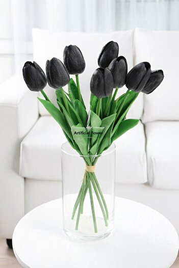 Yapay Çiçek Deposu Artificial 8 Wet Tulip Bouquet Real Texture Black
