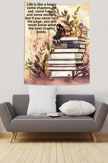 on the clouds Girl Reading a Book Bookshelf Themed Stain Resistant Fabric Wall Cover Wall Carpet Tapestry