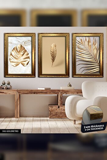 Evinemoda Gold Leaves - 3 Pcs Framed Painting Cvplk