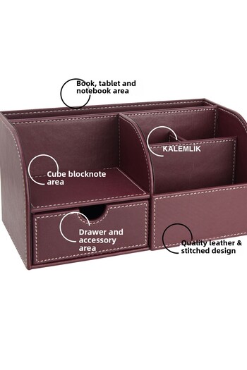 2K Desktop Organizer, Pen Holder, Remote Control, Cube Notepad Holder, Tablet Holder, Bookshelf, 6 Compartments, Drawer, Claret Red