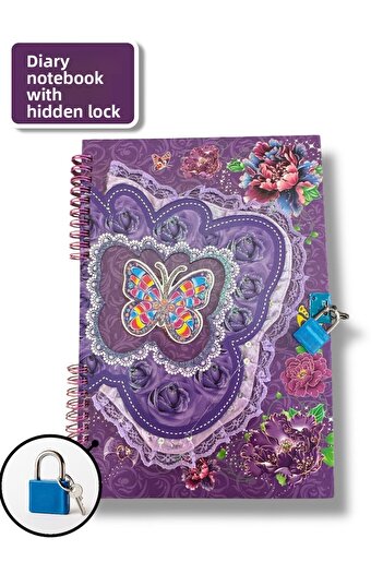 madam gold Locked Diary Notebook – Powder Flower & Butterfly Design