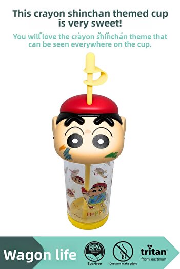 Vagonlife 500ml Crayon Shinchan Figured Lid Silicone Based Tritan Cup/Cup with Straw