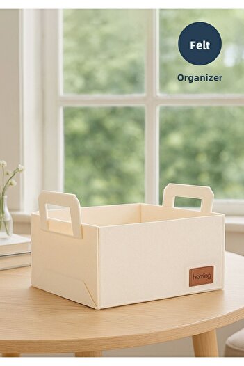 HOMİNG Multipurpose Cream Felt Organizer Basket 30 cm X 20 cm 15 cm Hmy-6266