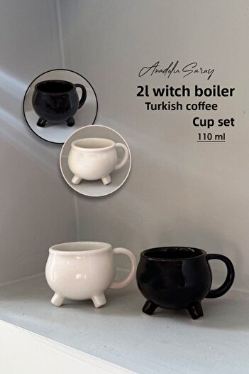 Anadolu Saray Set of 2 Witch Cauldron Shaped Turkish Coffee Cup Set Cup Set Coffee Cup Set