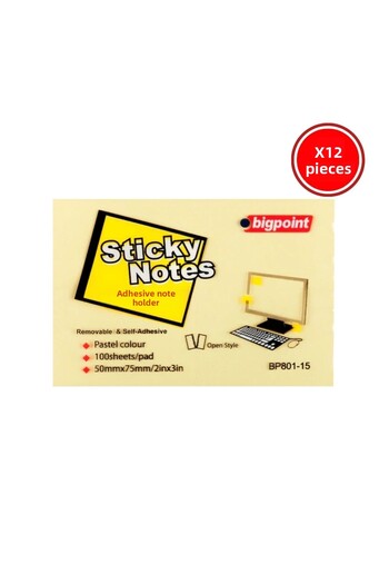Bigpoint Adhesive Note Paper, 12 Pieces, 100 Sheets, 75X50Mm, Yellow