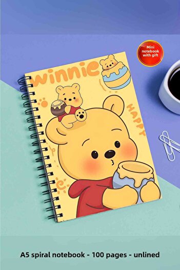 SevindirenŞeyler Winnie the Poo Notebook A5 Metal Spiral Unlined Cardboard Cover Planner Notebook