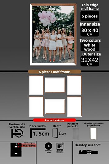 yhfoto 6 Pieces 30X40 Frame - Thin Slatted A3 Frame - 2 Colors White Wood - 6mm Photo Frame