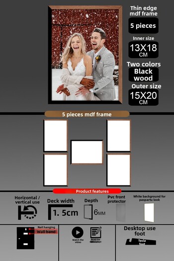 yhfoto 5Pcs 13X18 Frame - Thin Slatted Frame - 2 Colors Wood Black - 6mm Frame Photo Frame