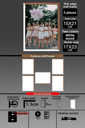 yhfoto 5 Pieces 15X21 Frame - Thin Slatted A5 Frame - 2 Colors White Wood - 6mm Photo Frame