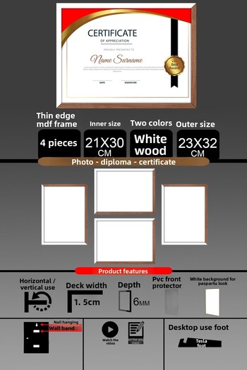 yhfoto 4 Pieces 21X30 Frame - Thin Slatted A4 Frame - 2 Colors White Wood - Photo Certificate Frame