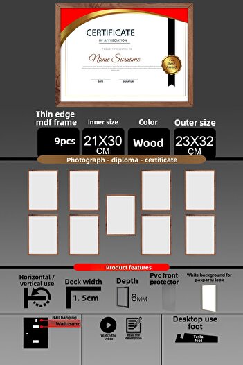 yhfoto 9 Pieces 21X30 Frame - A4 Frame with Thin Slats - Wooden Frame - Photo Certificate Frame