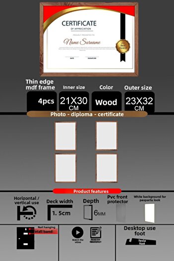 yhfoto 4 Pieces 21X30 Frame - Fine Slatted A4 Frame - Wooden Frame - Photo Certificate Frame