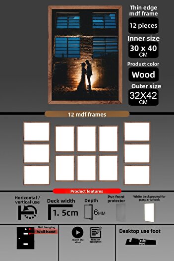 Bytwo 12 Pieces 30X40 Frame - Thin Slatted A3 Frame - Wooden Frame - 6mm - Photo Frame