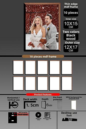 bymat 10Pcs 10X15 Frame - Fine Slatted Frame - 2 Colors Wood Black - 6mm Frame Photo Frame