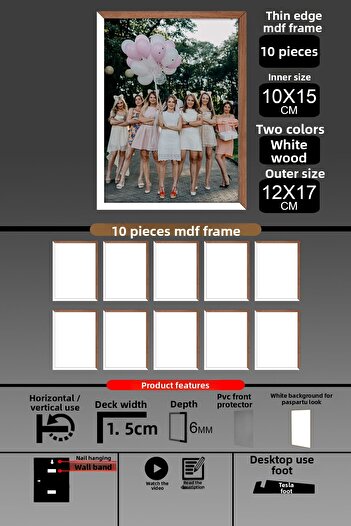 bymat 10 Pieces 10X15 Frame - Thin Slatted Frame - 2 Colors White Wood- 6mm Frame Photo Frame