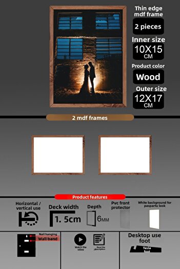 bymat 2 Pieces 10X15 Frame - Thin Slatted Frame - Wooden Frame - 6mm Frame - Photo Frame