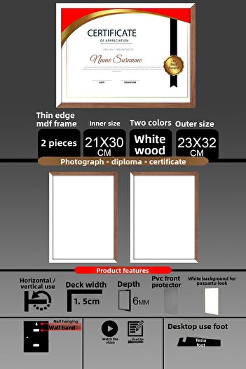 bymat 2 Pieces 21X30 Frame - Thin Slatted A4 Frame - 2 Colors White Wood - Photo Certificate Frame