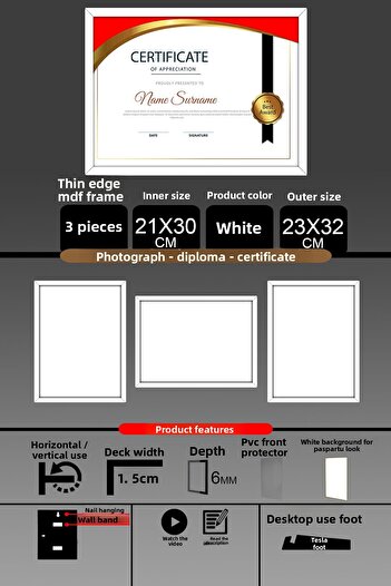 Bytwo 3 Pieces 21X30 Frame - Fine Slatted A4 Frame - White Frame - Photo Certificate Frame